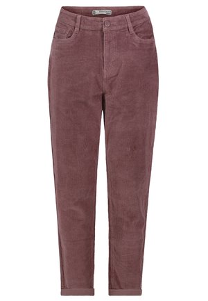 Mauve Cord-Hosen mit aufgerollten Säumen, vorderen Taschen, Gürtelschlaufen und Reißverschluss mit Knopfverschluss, Größe S.