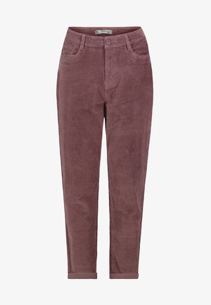 Mauve Cord-Hosen mit aufgerollten Säumen, vorderen Taschen, Gürtelschlaufen und Reißverschluss mit Knopfverschluss, Größe S.