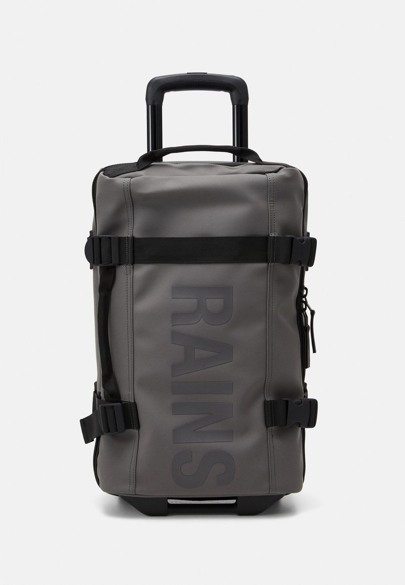 Rolling backpack in gray waterproof material, featuring a retractable handle, side straps, logo detail, and durable bottom panel.