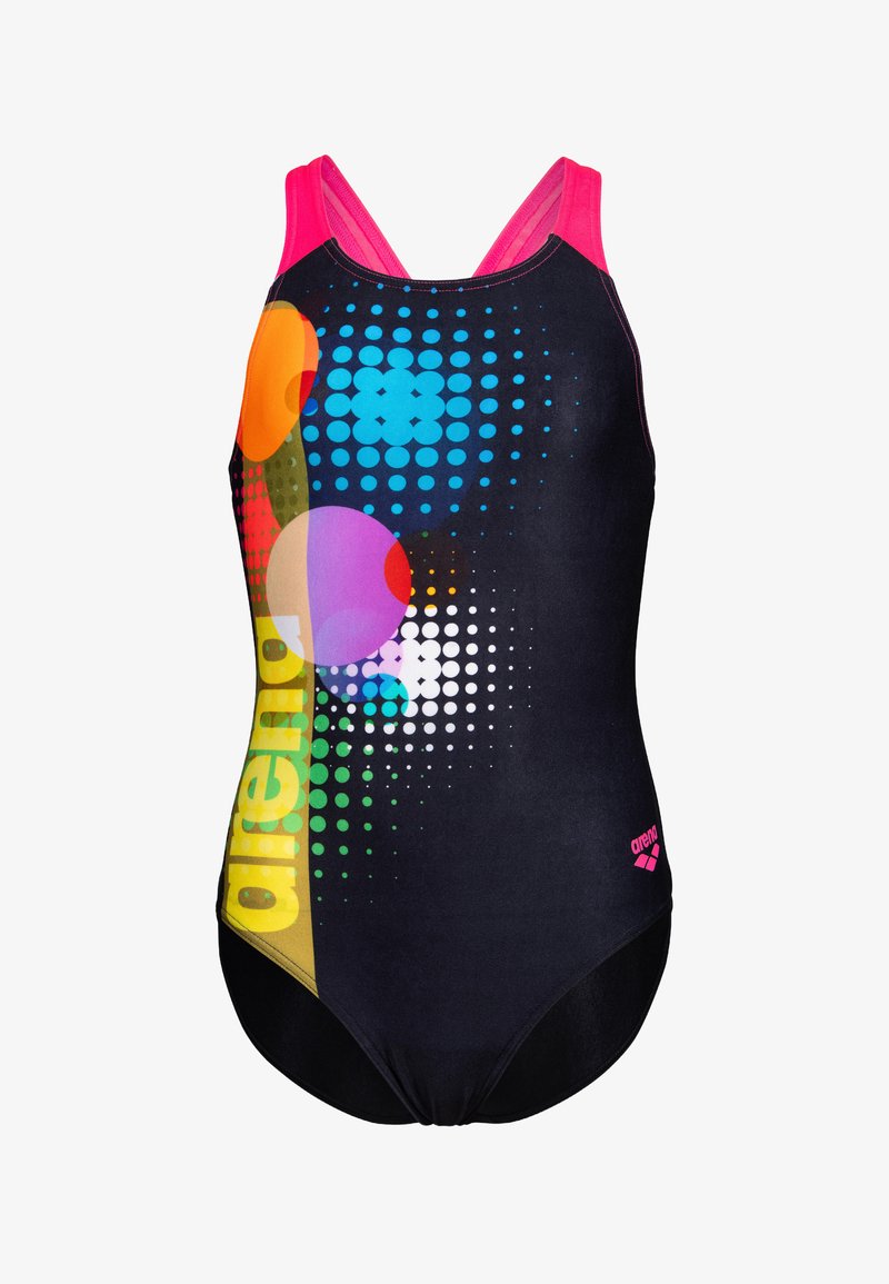 Svart baddräkt med flerfärgade prickmönster, med en rosa halsringning och märket "arena" tryckt på sidan. Racerback-design.