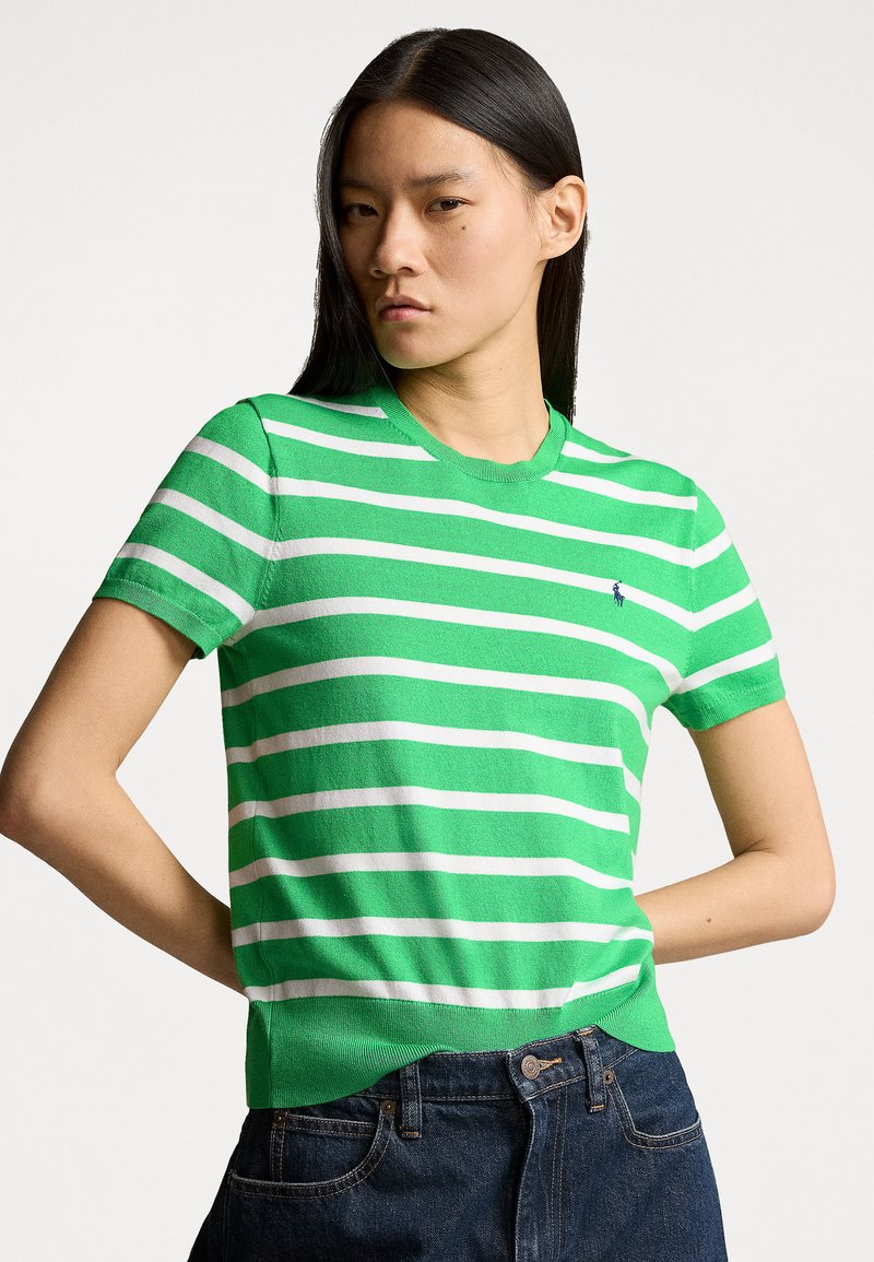 Polo Ralph Lauren STRIPED SHORT SLEEVE SWEATER - Μπλουζάκι με στάμπα - tiller green/white