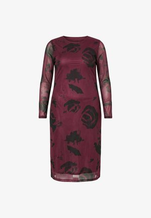 Vestito bordeaux a maniche lunghe fino al ginocchio con stampa floreale astratta nera e tessuto trasparente sulle maniche e sulla sovrapposizione.