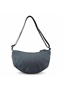 Borsa a spalla grigia in tessuto a forma di mezzaluna, con una tracolla nera e chiusura a zip. Superficie esterna testurizzata con linee pulite.