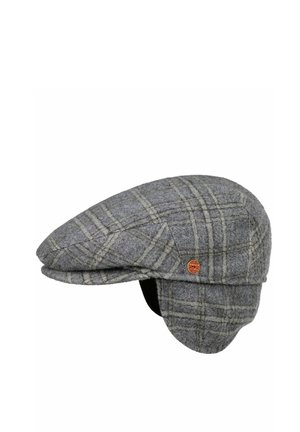 Gray wool flat cap with ear flaps, plaid pattern, and small round red and gold brand logo on the side.
