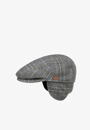 Gray wool flat cap with ear flaps, plaid pattern, and small round red and gold brand logo on the side.