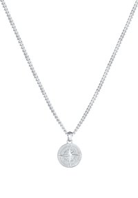 Silberne Halskette mit Gliederkette und einem runden Kompassanhänger mit filigranen Details und einem erhöhten Sternmotiv.