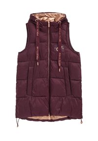 Ärmlös mörkröd quiltad dunväst med huva, dragkedja fram, två fickor och texten "Polo Club" på huvtrådar och bröstpatch.