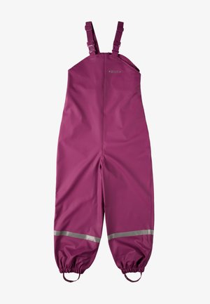 Purple waterproof overalls with adjustable straps, reflective bands at the ankles, and elastic cuffs for a secure fit. Features “BMS” logo.