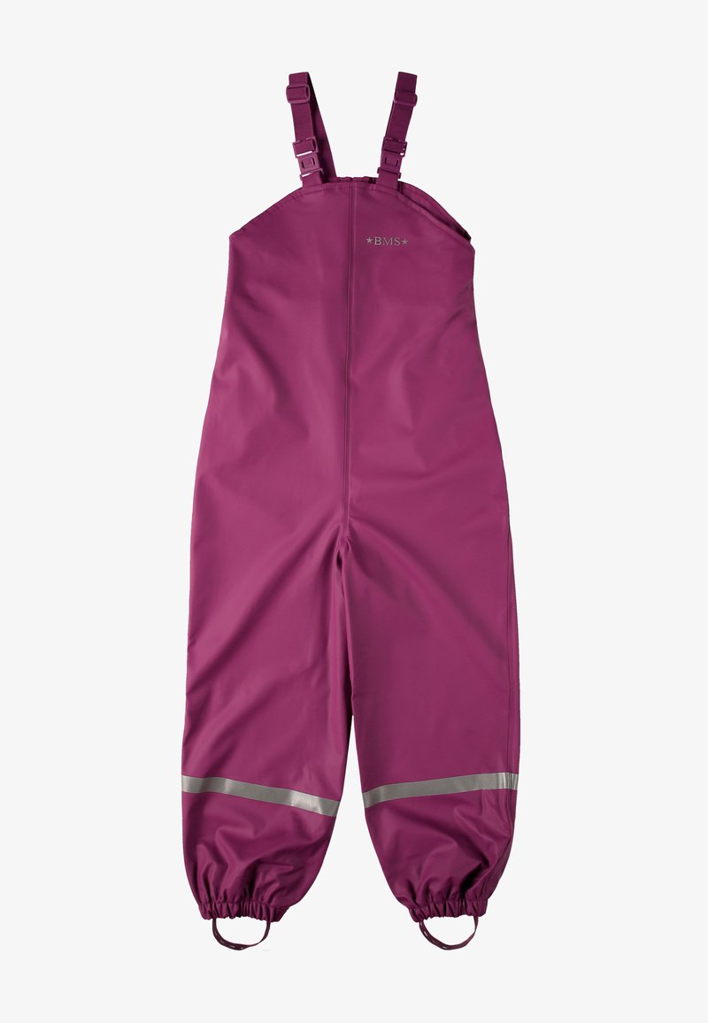 Lila wasserdichte Latzhose mit verstellbaren Trägern, reflektierenden Bändern an den Knöcheln und elastischen Bündchen für einen sicheren Sitz. Mit "BMS"-Logo.
