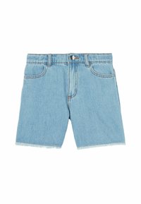 Shorts en denim bleu clair avec une taille haute, coupe droite, cinq poches et ourlet effiloché. Couture contrastante visible le long des coutures.