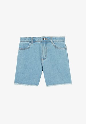 Jasnoniebieskie dżinsowe szorty z wysokim stanem, prostym krojem, pięcioma kieszeniami i postrzępionym dołem. Widoczne kontrastowe przeszycia wzdłuż szwów.