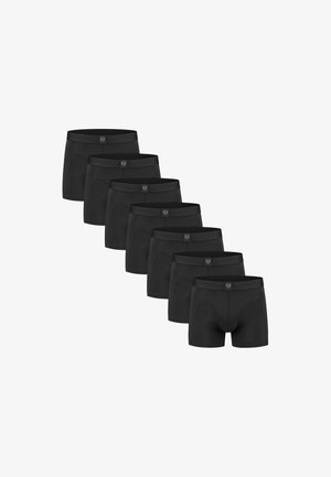 Seven black men's boxer briefs arranged diagonally, each with a small logo on the waistband center.