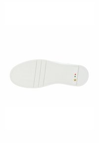 Suela de zapato de goma blanca con un patrón de espiga texturizado, que presenta tres ranuras y un pequeño emblema de bandera tricolor.