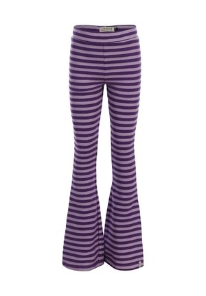 Paarse en lavendelkleurige flared broeken met horizontale strepen en elastische tailleband, ontworpen voor casual gebruik.