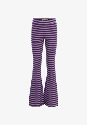 Paarse en lavendelkleurige flared broeken met horizontale strepen en elastische tailleband, ontworpen voor casual gebruik.
