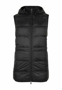 Czarna pikowana kamizelka z kapturem, z zamkiem błyskawicznym z przodu i bez rękawów. Gładka tekstura z pikowanymi sekcjami, lekki materiał.