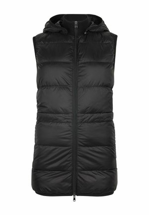 Schwarze gepolsterte Weste mit Kapuze, vorne mit Reißverschluss und ärmellosem Design. Glatte Textur mit gesteppten Abschnitten, leichtes Material.