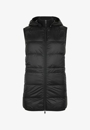 Sort polstringet vest med hætte, lynlås foran og ærmeløst design. Glat tekstur med quiltede sektioner, letvægtsmateriale.