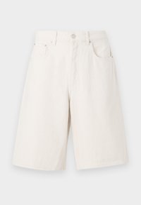 Light beige denim shorts with a loose fit, featuring two front pockets, a zip fly, and a metal button closure.