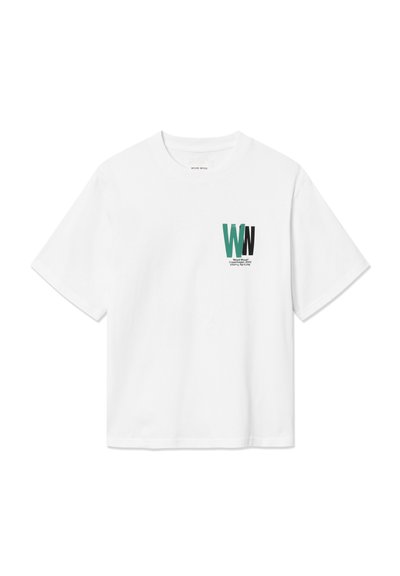 White cotton t-shirt featuring short sleeves, a crew neck, and a front graphic with teal and black letters "WN" and text below.