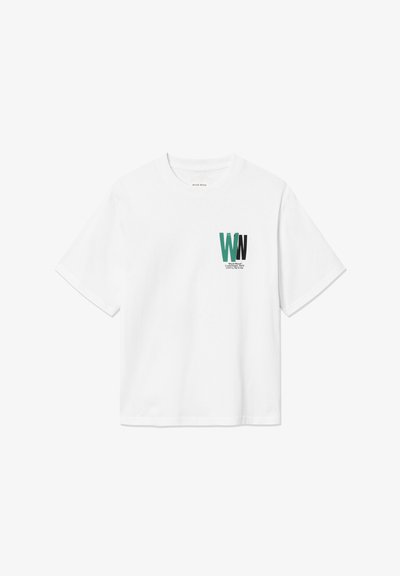 White cotton t-shirt featuring short sleeves, a crew neck, and a front graphic with teal and black letters "WN" and text below.