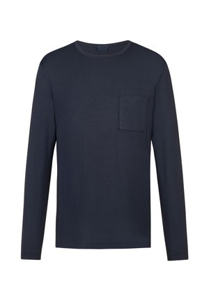Marineblauw shirt met lange mouwen van een gladde stof, met een ronde hals en een borstzakje, voorzien van een comfortabele pasvorm en een rechte zoom.