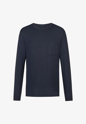 Marineblauw shirt met lange mouwen van een gladde stof, met een ronde hals en een borstzakje, voorzien van een comfortabele pasvorm en een rechte zoom.