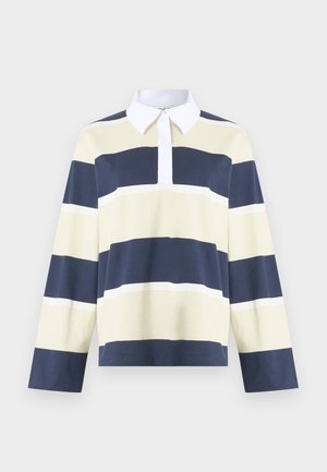 Langermet polo-skjorte med horisontale striper i marineblått, krem og hvitt. Hvitt krage og mykt bomullsmateriale. Rett kantdesign.