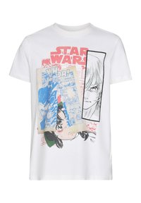 Camiseta blanca de algodón con un gráfico colorido que incluye el texto "Star Wars" y ilustraciones de personajes en estilo cómic, junto con burbujas de diálogo.