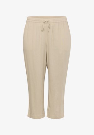 Béžové capri kalhoty vyrobené z měkké tkaniny, s elastickým pasem a stahovací šňůrkou, volného střihu s zúžením u kotníků.