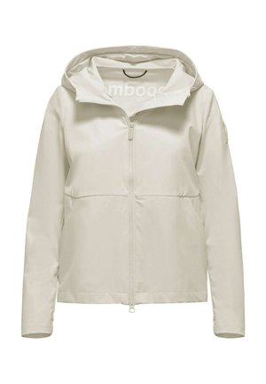 Giacca impermeabile beige chiaro con zip frontale, cappuccio regolabile, polsini elasticizzati e tasche laterali. Texture liscia e vestibilità moderna.