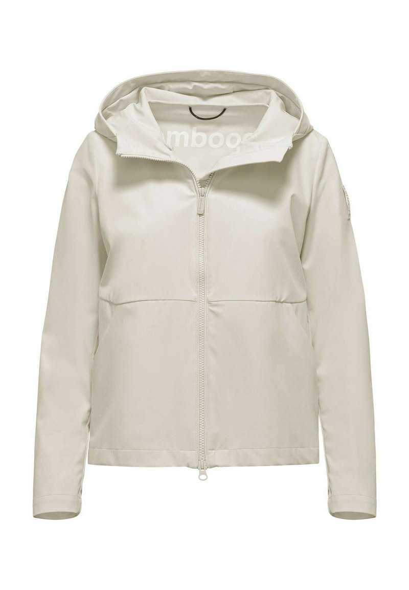 Giacca impermeabile beige chiaro con zip frontale, cappuccio regolabile, polsini elasticizzati e tasche laterali. Texture liscia e vestibilità moderna.