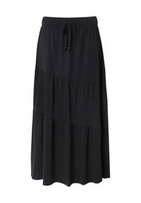 Gonna midi nera a strati con vita elastica e chiusura con cordoncino, caratterizzata da una texture morbida e un design fluido.