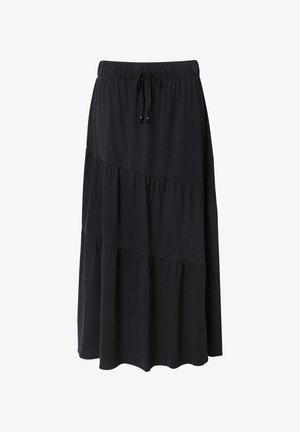 Gonna midi nera a balze con vita elastica e coulisse regolabile. Realizzata in tessuto morbido con una silhouette fluente.