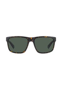 Lunettes de soleil en écaille de tortue avec des verres vert foncé. Forme rectangulaire, monture épaisse et finition mate. Présente des accents subtils de teintes ambrées.