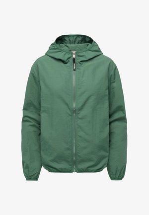 Grön lättviktsjacka med huva, dragkedja fram, elastiska muddar och en mjuk struktur. Enkel design, lämplig för vardagsbruk.