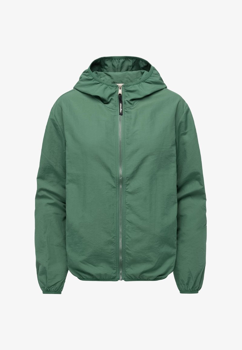 Žalia lengva striukė su kapišonu, užtrauktuku priekyje, elastinėmis rankogaliais ir lygiu audiniu. Paprastas dizainas, tinkamas kasdieniam dėvėjimui.