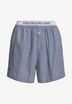 Meeste bokserid tumesinise ja valge triibulise mustriga, elastne vöökoht, millel on silt "POLO RALPH LAUREN", nööpkinnitus ja pehme puuvillane materjal.