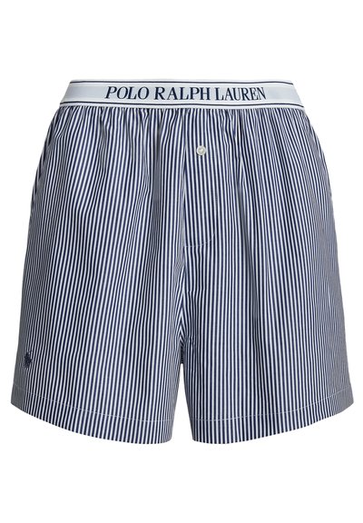 Herenboxers met een marineblauw en wit gestreept patroon, elastische tailleband met het label "POLO RALPH LAUREN," knoopsluiting en zachte katoenen stof.