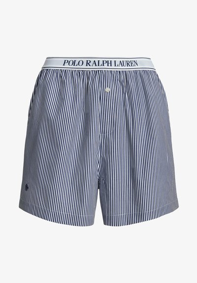 Vīriešu bokseršortiem jūras zila un baltā svītru rakstā, elastīga jostasvieta ar uzrakstu "POLO RALPH LAUREN", pogu aizdare un mīksts kokvilnas materiāls.