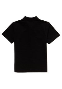 Black short-sleeve polo shirt featuring a ribbed texture, a classic collar, and stitched hem. No visible patterns or accents.