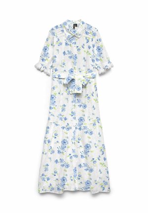 Blomstrete maxikjole i hvitt stoff, med lyseblå blomster, korte volangermer, kragehals og belte i midjen.