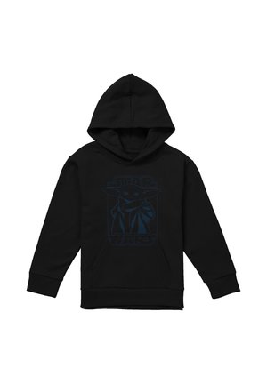 Black hoodie with front pocket featuring a subtle blue outline of Baby Yoda and "Star Wars" text on the chest.