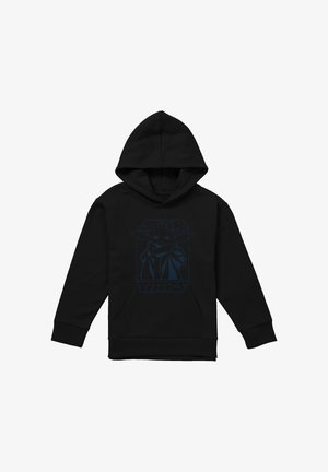 Schwarzer Hoodie mit Fronttasche, der eine dezente blaue Umrisszeichnung von Baby Yoda und den Schriftzug "Star Wars" auf der Brust zeigt.