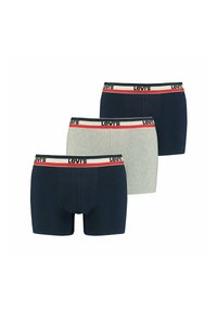 Tre par herrboxershorts i marinblått och grått bomull med en svart och röd elastisk midjeband med "Levi's"-logotyp.