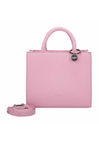 Borsa a mano in finta pelle rosa con design strutturato, doppi manici superiori, tracolla rimovibile e charm in metallo. Texture liscia con dettagli di cucitura.