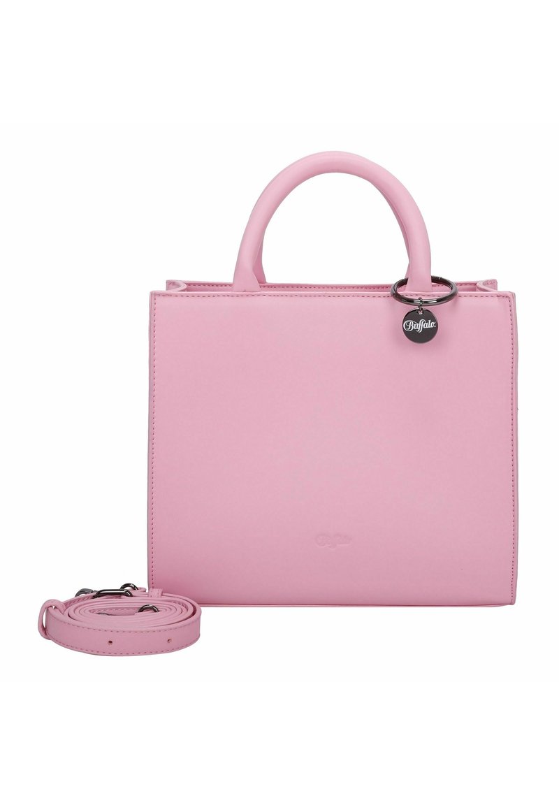 Borsa a mano in finta pelle rosa con design strutturato, doppi manici superiori, tracolla rimovibile e charm in metallo. Texture liscia con dettagli di cucitura.