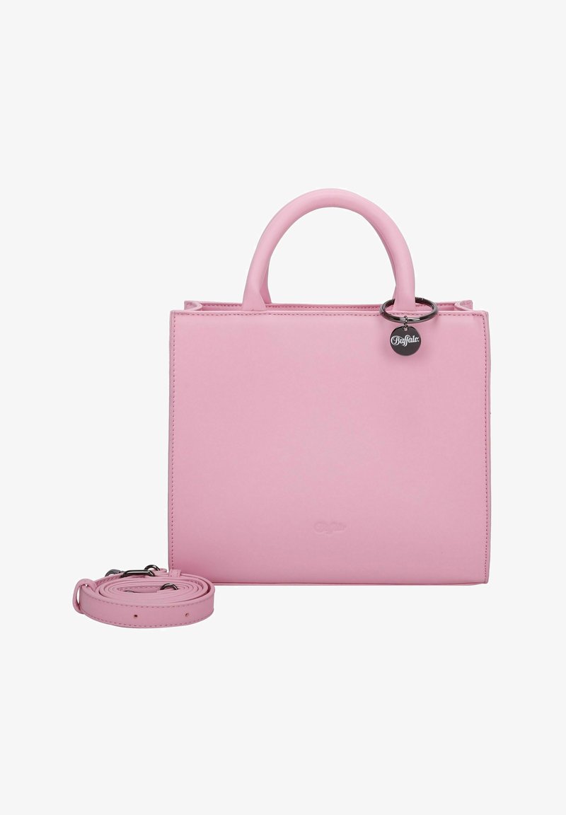 Borsa a mano in finta pelle rosa con design strutturato, doppi manici superiori, tracolla rimovibile e charm in metallo. Texture liscia con dettagli di cucitura.