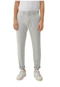 Lichtgrijze joggers met een elastische tailleband, ingekorte pijpen, zijzakken en een knoopsluiting, gemaakt van zachte, comfortabele stof.