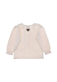 Helles rosa Langarmoberteil mit Puffärmeln, rüschenübergang, und einem kleinen herzförmigen Patch auf der Rückseite. Weicher, strukturierter Stoff.